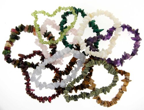 Set of 11 Chip Bracelets - Tourmaline, Rose Quartz, White Sea Shell, Picture Jasper, Peridot, Tiger Eye, Amethyst, Rhodolite Garnet, Malachite, Blue Lace Agate, Russian Jade