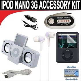7 pc. Accessory kit for iPod Nano 3G. Includes White portable stereo speaker w/cable Car FM Transmitter w/power cable White Mini soft Earbuds Reusable Pre-Cut Screen Protector and a DBROTH Microfiber Cleaning Cloth