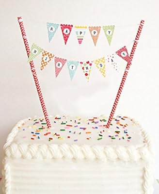 ELSKY Mini Happy Birthday Cake Bunting Banner Cake Topper - Multicolor Pennant Flags with Gold Dots Straw Pole