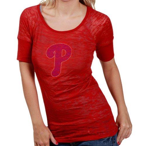 MLB Touch By Alyssa Milano Philadelphia Phillies Ladies Red Crystal Logo Sheer Burnout Premium T-shirt (Large) at Amazon.com