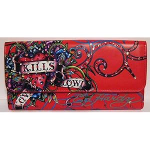 Ed Hardy Wallet / Clutch Love Kills Slowly Tattoo Design with Swarovski Crystals Bling!