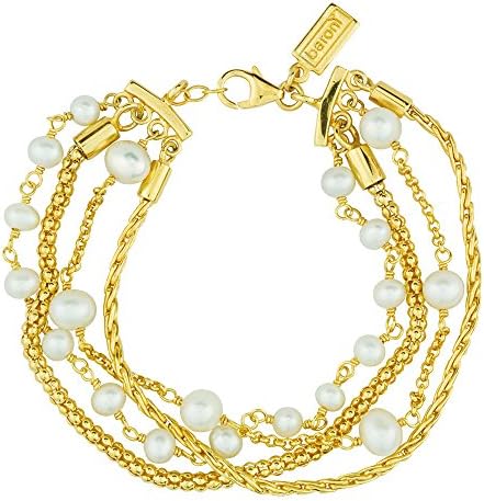 4 Strand Cultured Pearl and Chain Bracelet in 24K Gold Plated Silver