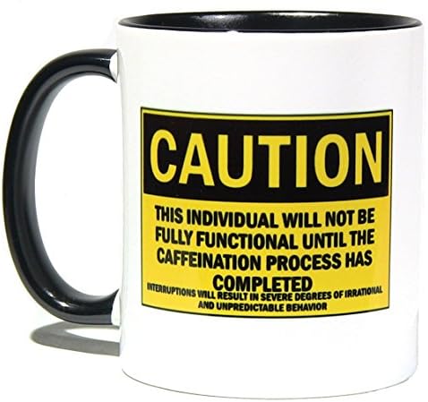 Unique Coffee/Tea Mug With Funny Caution Label - Cool Two Tone 11oz Ceramic Cup Design - Perfect Humorous Birthday Gift Idea for Men and Women