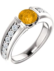 10K White Gold 6.00mm Round Cut Citrine and Diamond Ring -- LIFETIME WARRANTY