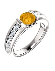 14K White Gold 6.00mm Round Cut Citrine and Diamond Ring -- LIFETIME WARRANTY
