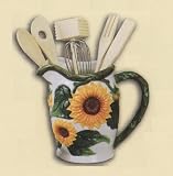 SUNFLOWER 3-D Ceramic Pitcher & Utensils Set NEW