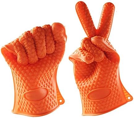 FTONDA Ultra Thick 200g Platinum Silicone Heat Resistant BBQ Grill gloves,oven mitts for Outdoor BBQ accessories and Kitchen (1 pair orange)