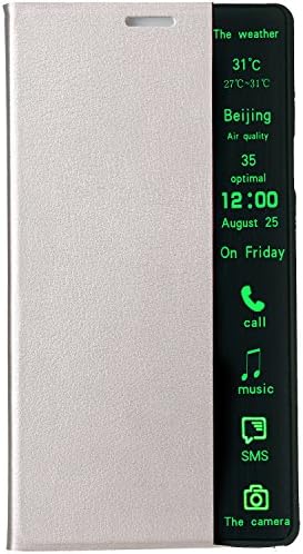 Champagne Smart Side View Window Front Flip Folio Leather Cover Case for Samsung Galaxy Note 4 5.7" caller ID display S-View Cover for Galaxy Note 4