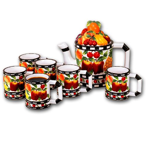 Ceramic Mix Fruit Tea Pot Mugs Serveware Set of 7 Piece Set