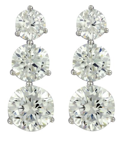 Platinum Plated Sterling Silver Round Three-Stone Cubic Zirconia Three-Prong Stud Earrings