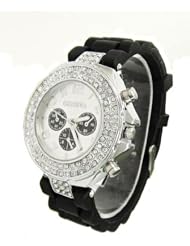 Geneva Womens Black Silicone Designer Faux Chronograph Watch with Baguette CZ Stones Bezel