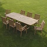 New 9Pc Grade-A Teak Outdoor Dining Set-95"X40" Rectangle Double Extension Table & 8 Patara Arm Chairs & Cushions