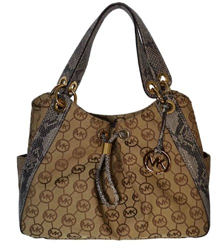 Michael Kors Monogram Signature LUDLOW Large Shoulder Tote Bag Handbag - Beige / Natpyt