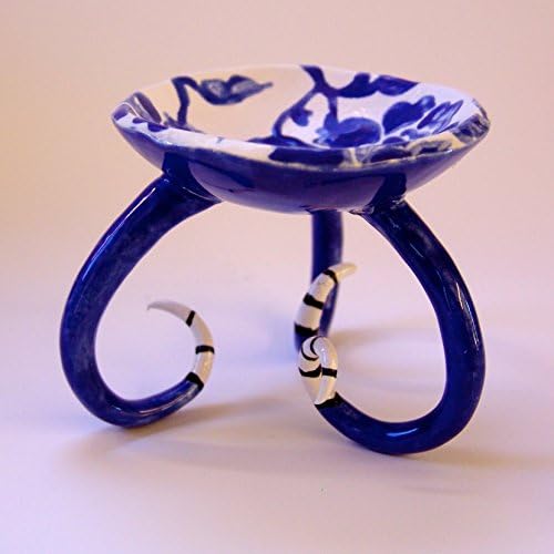 whimsical pottery Candle Dish delft blue floral with striped curly legs