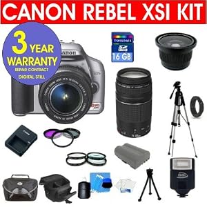 20 Piece Wonderful Kit with Canon EOS Rebel XSI 450D 12.2 MP Digital Camera (Silver) with Canon EF-S 18-55mm IS Lens + Canon 75-300mm f/4-5.6 Telephoto Zoom Lens + .40X Wide Angle Lens with Macro + +1, +2, +4, +10 4 Piece Macro Close Up Kit + 16 GB Memory Card + Multi-Coated UV Filter (2) + Multi-Coated Polarizer Filter + Digital Slave Flash + 50