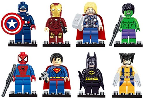 Benjour Iron Man Spiderman Superman Batman Hulk Wolverine 8 Mini Figures Set Lego Fit Free, Colorful