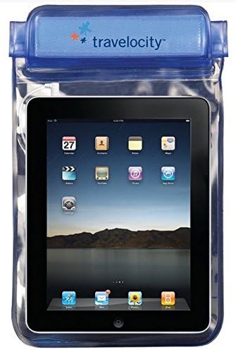 TRAVELOCITY TWC-IPAD WATERPROOF, SAND AND DUST PROOF POUCH FOR IPAD, 9 IN. &amp; 10 IN. TABLETS WITH AUXILIARY AUDIO CONNECTOR Provides 100% waterproof and sand-proof protection, water tight seal with zip-lock closures and a Velcro closure which prevents water from seeping in. Auxiliary port allows you to attach a headphone or speaker while protecting your device from water and sand. Keeps jewelry, money, documents, medication and other personal items safe &amp; dry. Operate the iPad/Tablet controls, listen to music with a Bluetooth or use wired headset/headphone with the pouch's built water tight auxiliary audio port while protecting your device from water and sand. Perfect for a relaxing day at the beach, cruising on the boat, by the pool or relaxing the river with your device fully protected against water or sand.