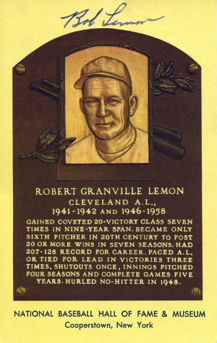 Bob Lemon Autographed/Hand Signed Baseball Hall of Fame Plaque Postcard
