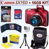 Canon PowerShot SX150 IS 14.1 MP Digital Camera (Red) + 16GB Accessory Kit