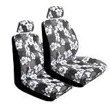 Set of 2 Universal Fit Hawaiian Low Back Front Bucket Seat Cover With Separate Headrest Cover for Seats - Grey Hawaii Hibiscus Floral Print