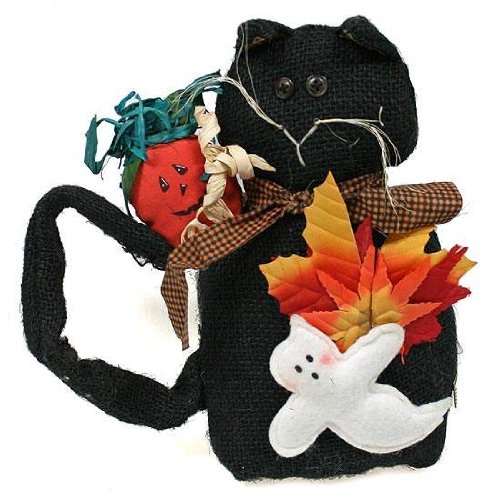 Primitive Halloween Black Burlap Cat With Spooky Ghost and Pumpkin Buddies.