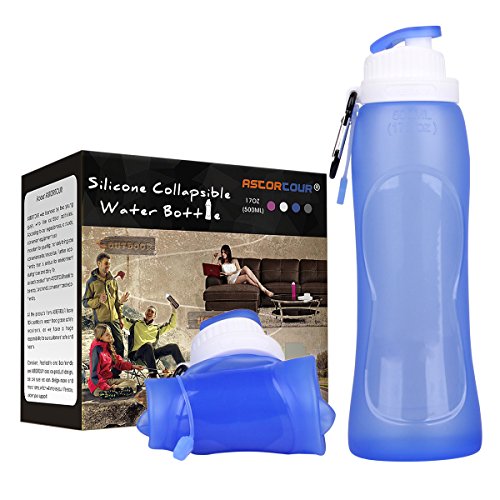 ASTORTOUR Collapsible Silicone Water Bottle - Leak Proof 17oz, Carabiner Clip- BPA Free FDA Approved Foldable Sports Canteen Freezable for Hiking Crossfit ect