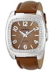 Peugeot Womens 310TN Silver-Tone Swarovski Crystal Accented Tan Leather Strap Watch