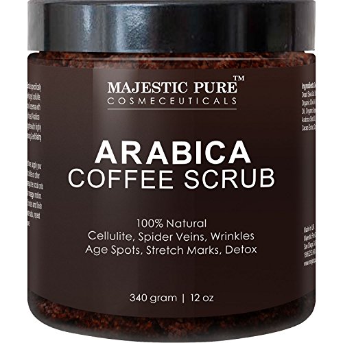 Arabica Coffee Scrub From Majestic Pure Helps Reduce Cellulite, Wrinkles, Stretch Marks, Spider Veins, Acne & Age Spots, 100% Natural Treatment & Care, Skin Detox, 12 Oz, Try Risk Free Today!