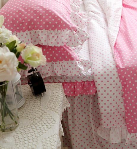 4pcs Pink & White Polka Dots & Ruffle Coton Duvet Cover Korean Cute Style Bedding Set201460 (Queen)