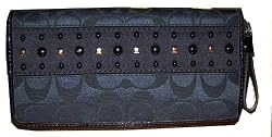 Coach Signature Sateen Studded Accordion Zip Around Wallet Clutch 46147 Black