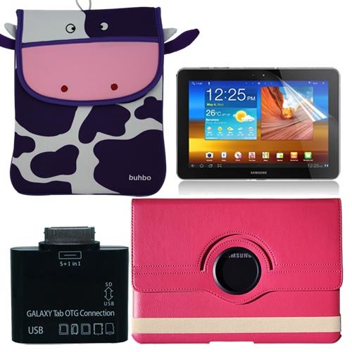 Premium LCD Clear Screen Protector + COCO the Cow Memory Foam Case + Pink 360 Degree Leather Case + 5 In 1 Card Reader OTG connection kit For Samsung Galaxy Tab 10.1 P7510 By Buhbo