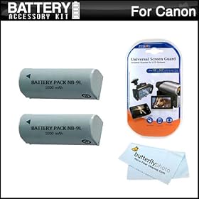 2 Pack Battery Kit For Canon PowerShot ELPH 510 HS, ELPH 520 HS Digital Camera Includes 2 Extended Replacement (1000Mah) NB-9L Batteries + LCD Screen Protectors + MicroFiber Cleaning Cloth