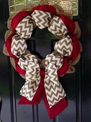 Chevron Burlap Wreath for front door or accent - Red, White, Gray, and Natural - Summer, Fall, Winter, All Year