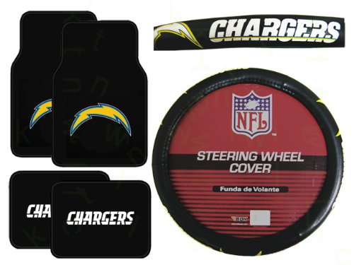 A Set of 4 Universal-Fit NFL Plush Carpet Floor Mats and a Comfort Grip Steering Wheel Cover - San Diego Chargers