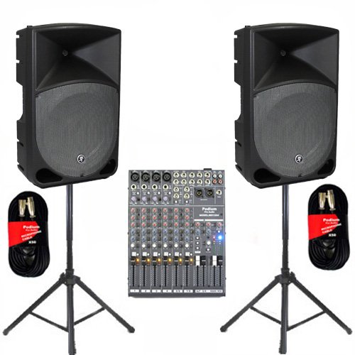 Best Mackie TH15A Active DJ Powered THUMP Speakers, Mixer, Stands and Cables Set TH15ASET2 On