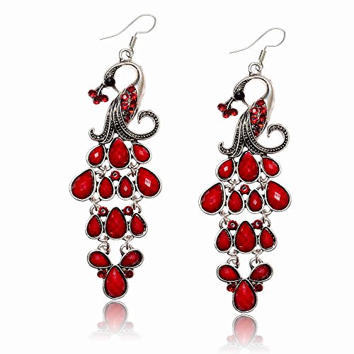 VTG Tibet Silver Diamante Teardrop Eardrop Peacock Dangle Earrings (Pack of 2)