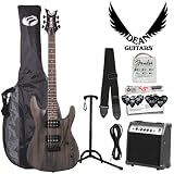 Dean Vendetta XMT Transparent Black Satin (VNXMT-TBKS) Electric Guitar with Tremolo - Guitar Kit with Amp - Includes: Guitar Cable, Guitar Strap, Planet Waves 12-Pick Shredder Pack, Stand, Gig Bag & 10-Watt Amp
