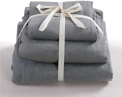 Hyam 100% Natural Washed Cotton Solid Color Plaid Stripe Duvet Cover Sets with Additional Free Flat Sheet As Gift - 100% One Year Quality Guarantee (Full, Light Grey)