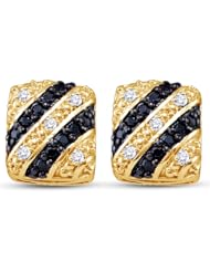 10K Yellow Gold Round Brilliant Cut Black and White Diamond - Square Princess Shape Channel Set Studs Earrings - (1/4 cttw.)