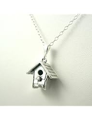 Bird House Necklace Sterling Silver Charm Jewelry Sparrow Nature Woodland Theme