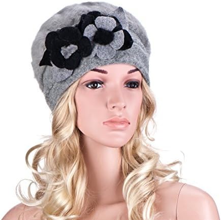 Womens Winter Angola Rabbit Fur Wool Flower Trim Beanie Cap Crochet Hat A036