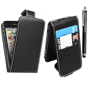 FOR APPLE IPHONE 4 4S VARIOUS PU LEATHER MAGNETIC FLIP CASE COVER POUCH + FREE STYLUS (Black)