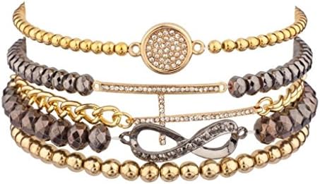 Crystalbella Creative Infinity Pave Circle T Beaded Stretch Arm Candy Chain Link Friendship Set Gift Jewelry