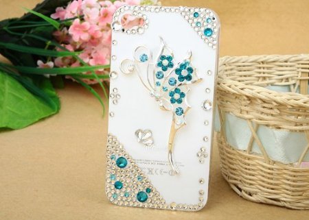3D Bling Sky Blue Butterfly Crystal Bow Case Cover for Apple IPhone5