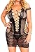 FIYOTE Women Crocheted Hollow Out Bodycon Lingerie Fishnet Mini Chemise Dress (One Size, Black)