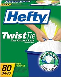 Hefty Twist Tie Tall, 13 Gallon Kitchen Bags, 80 Count Boxes (Pack of 6)