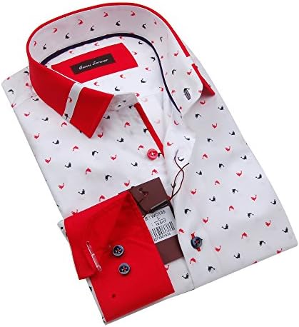 Giannia Lorenzo Mens White Printed Shirt with Red Collar and Cuff (Large)