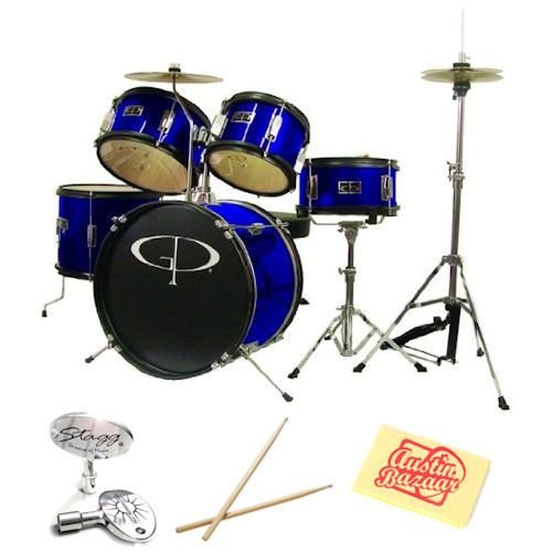 Best Price GP Percussion Deluxe GP55 5-Piece Kid's Drum Set Bundle with Drum Sticks, Drum Key, and Polishing Cloth - Metallic Midnight Blue
