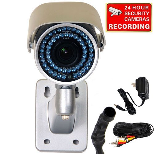 VideoSecu Day Night Vision Outdoor CCD Security Camera Infrared High Resolution Weatherproof 3.5-8mm Varifocal Lens 54 Infrared IR LEDs with Audio Microphone, 50ft Cable, Power Supply and Warning Decal WA4