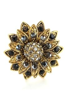 Bronze-Color Flower Ring With Black and Grey Stones
